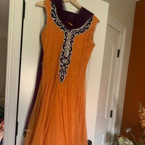 Orange long Indian dress/Anarkali W/ purple front & Crystal stones, cloth pants
